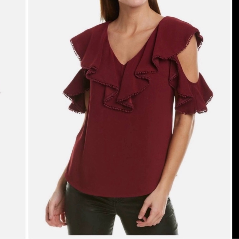Trina Turk Red Wine Cold Shoulder Flutter Blouse